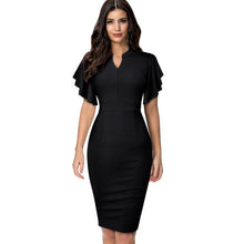Load image into Gallery viewer, Nice-forever Vintage Solid Color Elegant Office Work vestidos Business Party Bodycon Ruffle Women Pencil Dress B572
