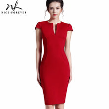 Load image into Gallery viewer, Nice-forever Office Women Vintage Summer Solid Deep V neck Zipper Back Formal Stretch Pencil work Bodycon Pocket Dress 521
