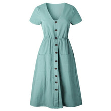 Load image into Gallery viewer, Cotton Linen Women Summer Dress 2020 Casual V-neck Button Pocket Short Sleeve A-line Midi Dresses For Women Vestidos
