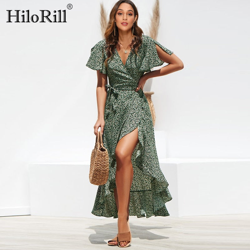HiloRill Summer Beach Maxi Dress Women Floral Print Boho Long Dress Ruffles Wrap Casual V-Neck Split Sexy Party Dress Robe Femme