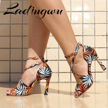 Load image into Gallery viewer, Ladingwu Salsa Jazz Ballroom Latin Dance Black Shoes For Dancing Women Social Strip High Heels Featured graffiti Satin  Sandals
