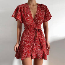 Load image into Gallery viewer, Summer Women Dress Butterfly Sleeve Polka Dot Floral Print V Neck High Waist Sashes Dress Vintage Female Mini Red Vestidos 2021
