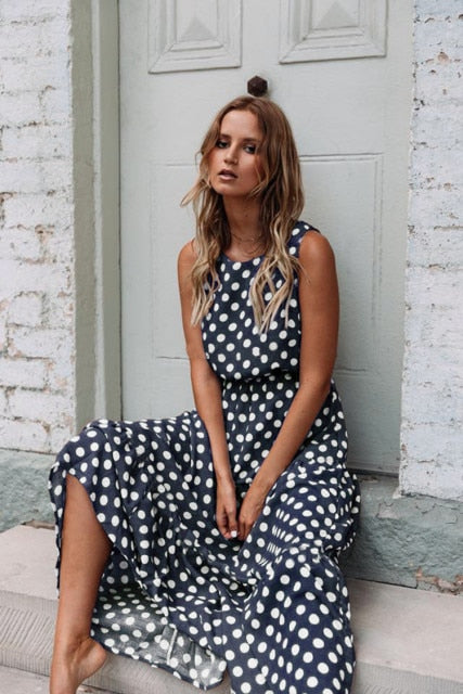 LEOSOXS Summer Sexy O Neck Sleeveless Boho Polka Dot Print Maxi Dress 2020 Casual Empire Robe Ladies Party Long Dress Vestidos