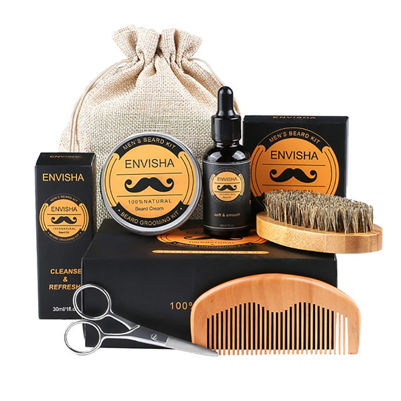 1Set Men Beard Grooming Kit Mustache Beard Hair Growth Oil Styling Tool Beard Essential Balm Comb Moisturize Wax Scissor