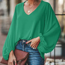 Load image into Gallery viewer, Plus Size Long Lantern Sleeve Chiffon Shirt Women Spring Summer Fall Solid Color V-neck Loose Blouse Female Fashion Casual Tops
