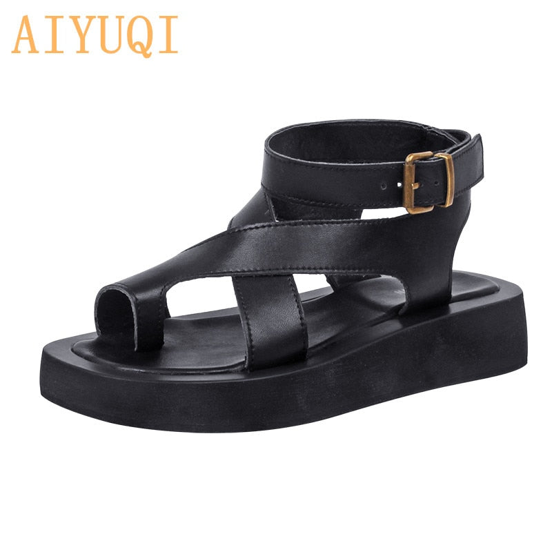 AIYUQI Sandals Women Genuine Leather 2021 Summer New Clip Toe Sandals Ladies Roman Women Shoes Muffin Sandals