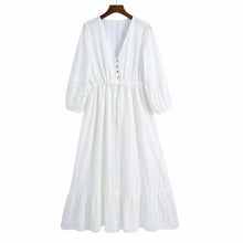 Load image into Gallery viewer, Women Summer ZA White V-Neck Dress 3/4 Sleeve Buttons Bow Tie Slim Casual Female Elegant Party A-Line Dresses Clothes Vestidos
