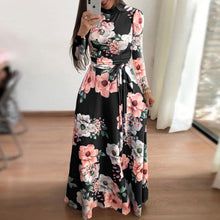Load image into Gallery viewer, Flower Print Long Sleeve Maxi Dress Spring Autumn Casual Slim Sashes Long Dress Women Elegant Robe Party Dresses Plus Size S-5XL
