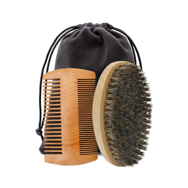High Quality Soft Boar Bristle Wood Beard Brush and comb Kit With Gift Bag