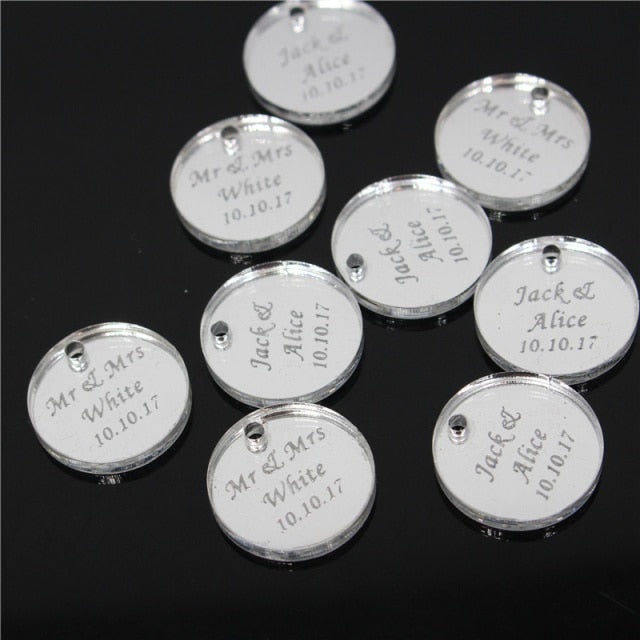 50*Personalized Bride Baptism Engraved Silver Mirror Round Decoration Coin Table Decor Circle Favor Tag For Wedding & Engagement