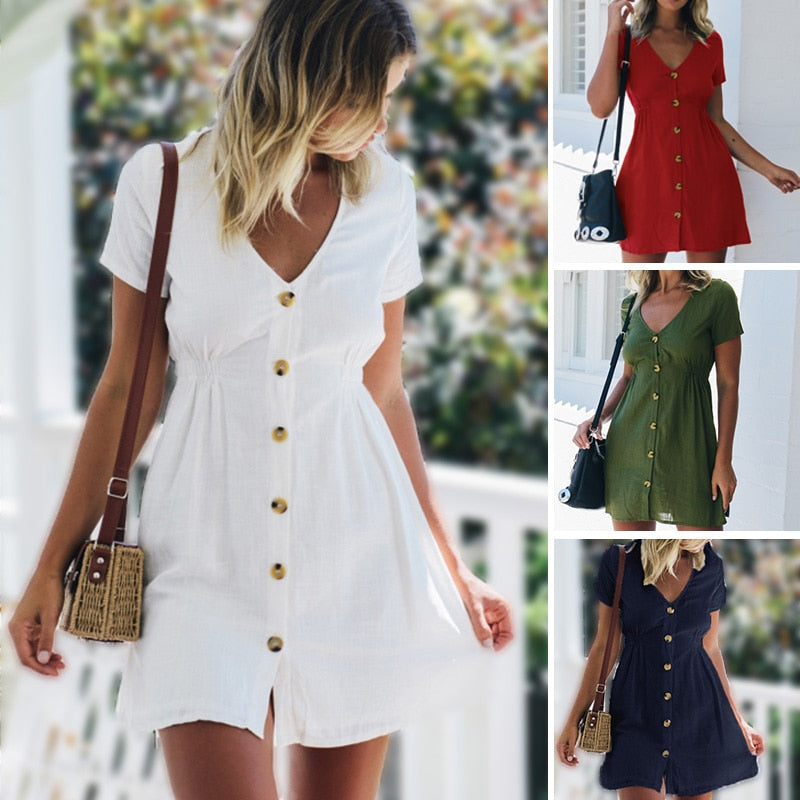 Women's Dress 2021 Spring/Summer Pure Color Single Row Buttons V-Neck Dress Women Slim High Waist Casual Dress Vestido