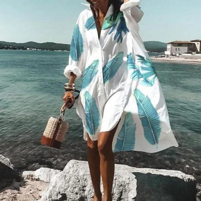 2021 Summer Women Dresses Turn-down Collar Print Casual Long Sleeve Shirt Dress Plus Size Loose Beach Party Vestidos Robe Blouse