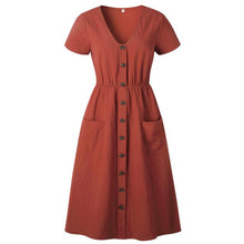 Load image into Gallery viewer, Cotton Linen Women Summer Dress 2020 Casual V-neck Button Pocket Short Sleeve A-line Midi Dresses For Women Vestidos
