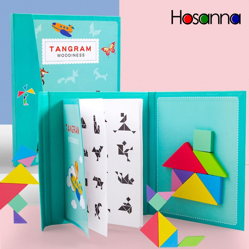 Magnetic Tangram Puzzle Book Portable Baby Toys Kids Montessori Intelligence Jigsaw Puzzle Wooden Educational Toys for Children
