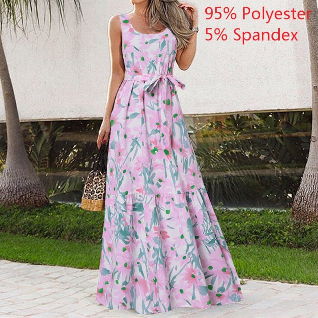 Celmia Bohemian Dress Women Summer Sundress Sleeveless Vintage Floral Print Casual Loose Ruffles Party Robe Belted Vestidos 5XL