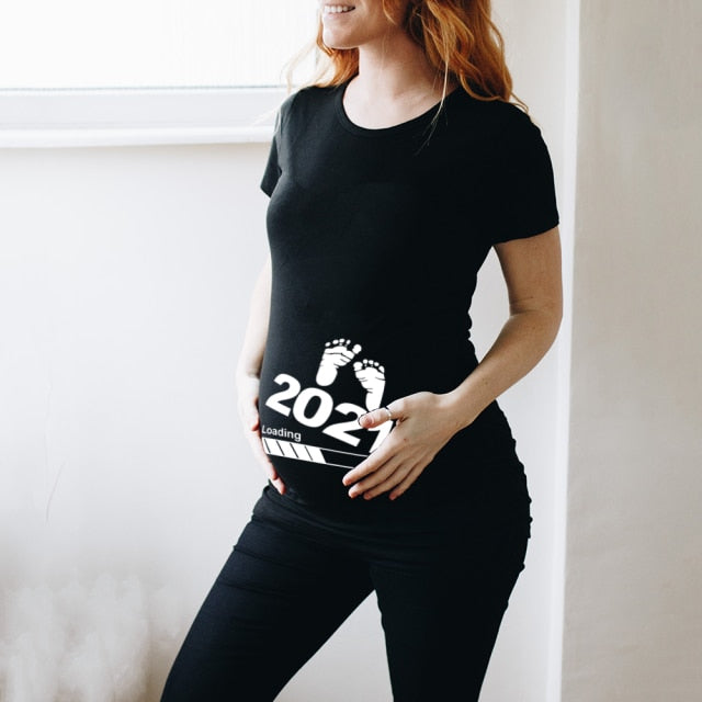 Baby Loading 2022 Women Printed Pregnant T Shirt Girl Maternity Short Sleeve Pregnancy Announcement Shirt New Mom Clothes