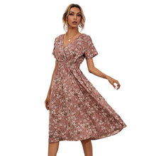Load image into Gallery viewer, Yellow Vintage Floral Print Women Summer Dress 2021 Casual V-neck Short Sleeve A-line Chiffon Beach Midi Dresses Vestidos
