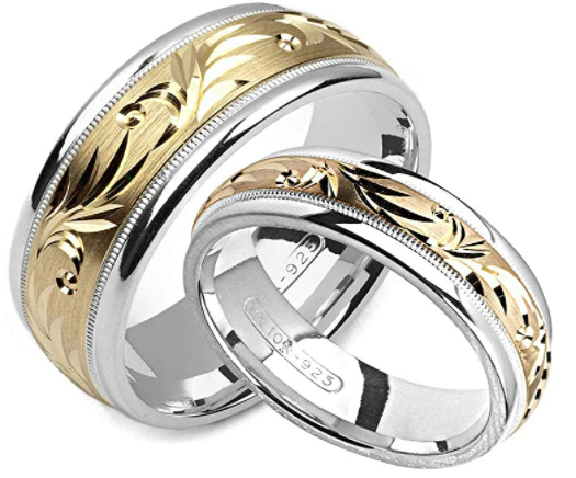 Alain Raphael Two Tone Sterling Silver and 10K Yellow Gold 6MM & 8MM Wide Wedding Band Set Him and Hers Ring